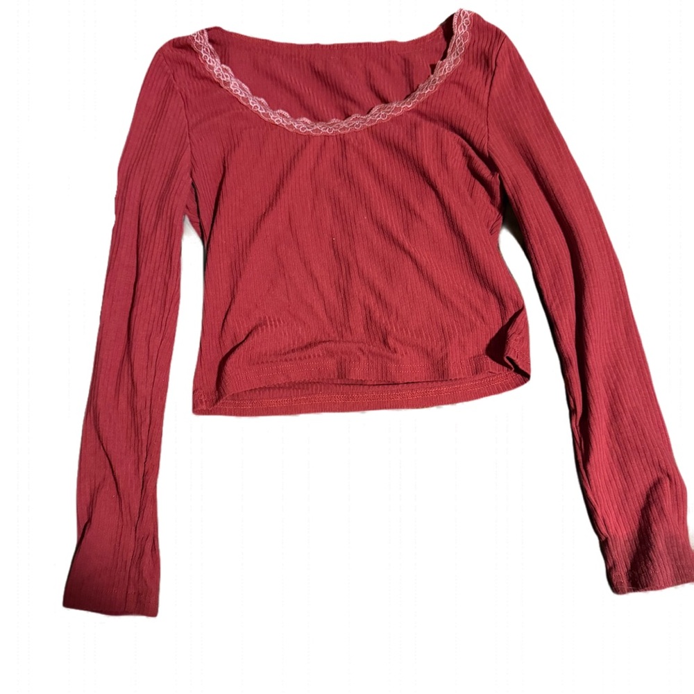 SHEIN Red Ribbed Long Sleeve Top with Lace Trim